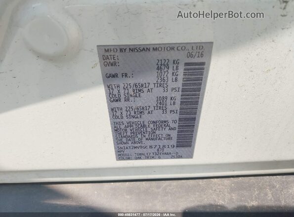5N1AT2MV9GC871819 2016 NISSAN ROGUE White Շարժիչի բաժամունքի տեսք