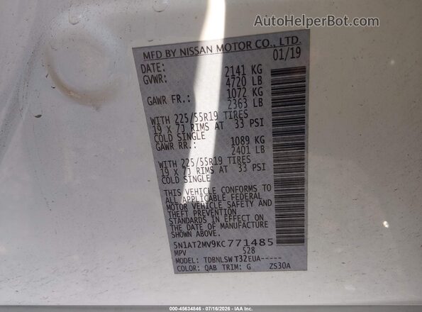 5N1AT2MV9KC771485 2019 NISSAN ROGUE White Engine compartment view