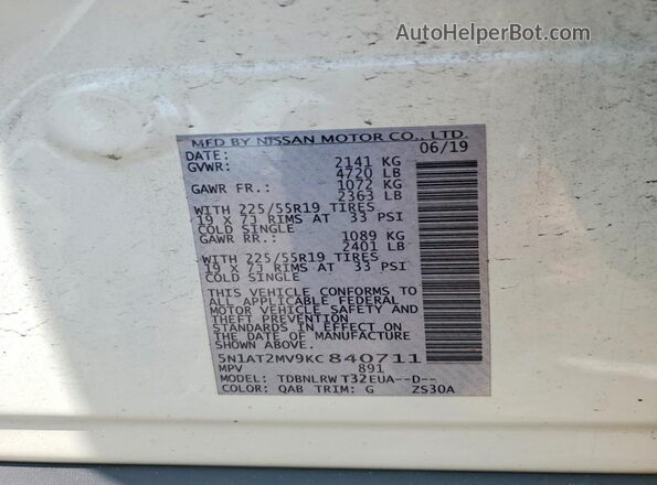 5N1AT2MV9KC840711 2019 NISSAN ROGUE White VIN sticker view