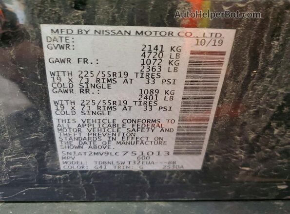 5N1AT2MV9LC751013 2020 NISSAN ROGUE Black Vista de la etiqueta del VIN