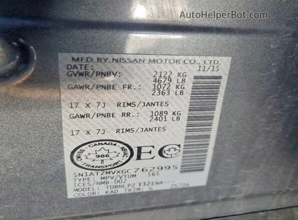5N1AT2MVXGC762995 2016 NISSAN ROGUE Gray VIN կոդի պիտակի տեսք