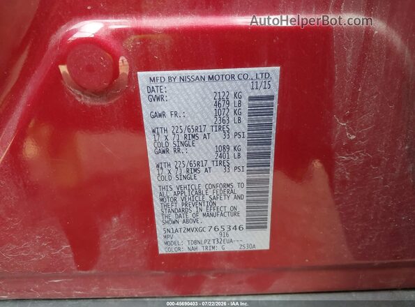 5N1AT2MVXGC765346 2016 NISSAN ROGUE Красный Вид подкапотного пространства