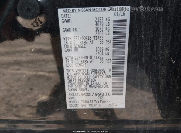 5N1AT2MVXGC799836 2016 NISSAN ROGUE Черный Вид подкапотного пространства