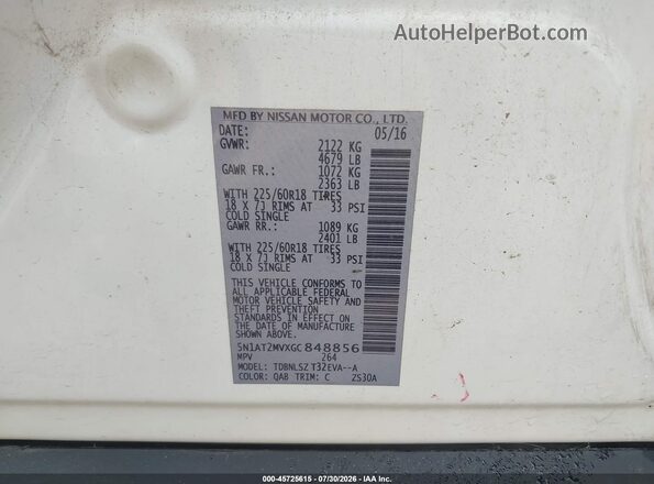 5N1AT2MVXGC848856 2016 NISSAN ROGUE White Vista del compartimento del motor