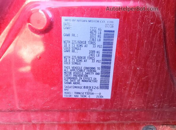 5N1AT2MVXGC889326 2016 NISSAN ROGUE Red Widok naklejki z numerem VIN