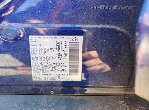 5N1AT2MVXHC759922 2017 NISSAN ROGUE Blue Вид наклейки з VIN-кодом