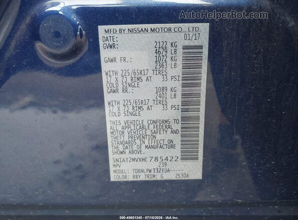 5N1AT2MVXHC785422 2017 NISSAN ROGUE Dark Blue Вид подкапотного пространства
