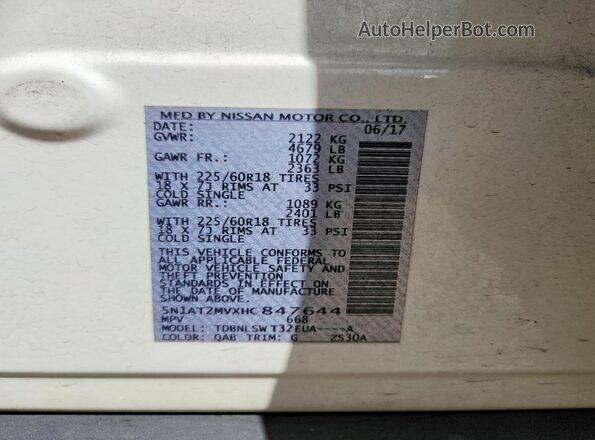 5N1AT2MVXHC847644 2017 NISSAN ROGUE White Widok naklejki z numerem VIN