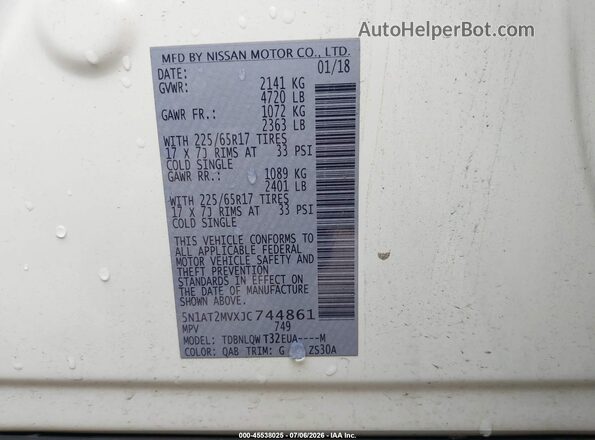 5N1AT2MVXJC744861 2018 NISSAN ROGUE White Շարժիչի բաժամունքի տեսք