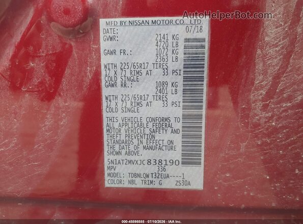 5N1AT2MVXJC838190 2018 NISSAN ROGUE Red Widok komory silnika