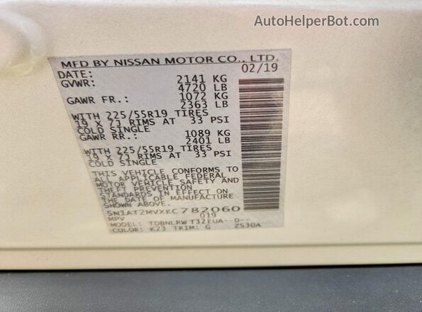 5N1AT2MVXKC782060 2019 NISSAN ROGUE Silver Vista de la etiqueta del VIN