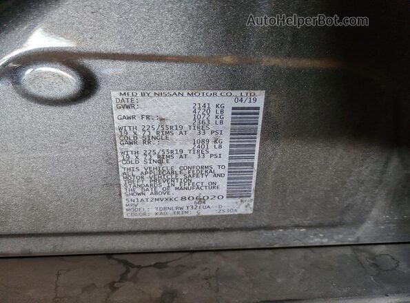 5N1AT2MVXKC806020 2019 NISSAN ROGUE Серый Вид наклейки с VIN-кодом