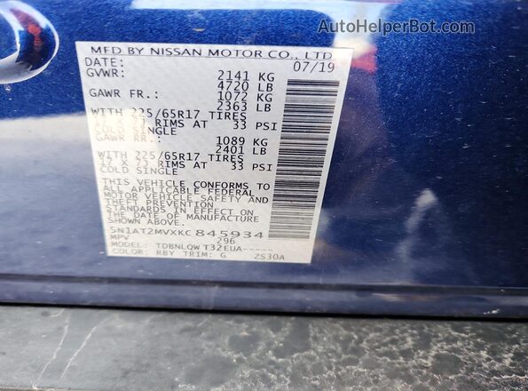 5N1AT2MVXKC845934 2019 NISSAN ROGUE Blue Vista de la etiqueta del VIN