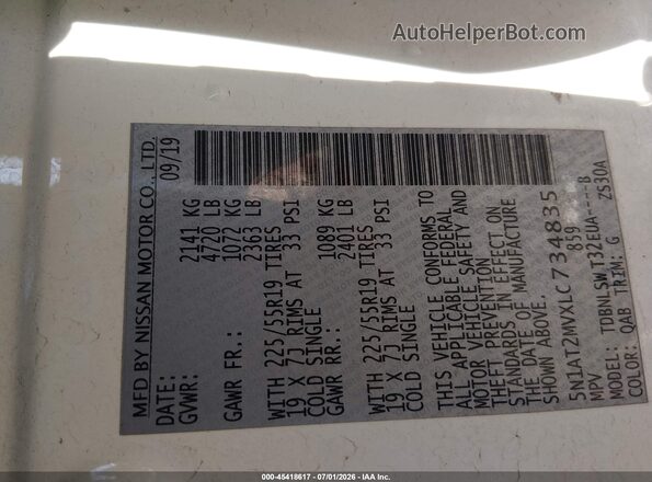 5N1AT2MVXLC734835 2020 NISSAN ROGUE White Շարժիչի բաժամունքի տեսք