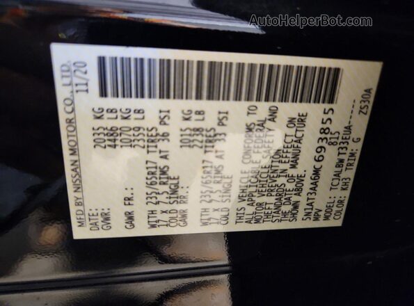 5N1AT3AA6MC693855 2021 NISSAN ROGUE Black Widok naklejki z numerem VIN
