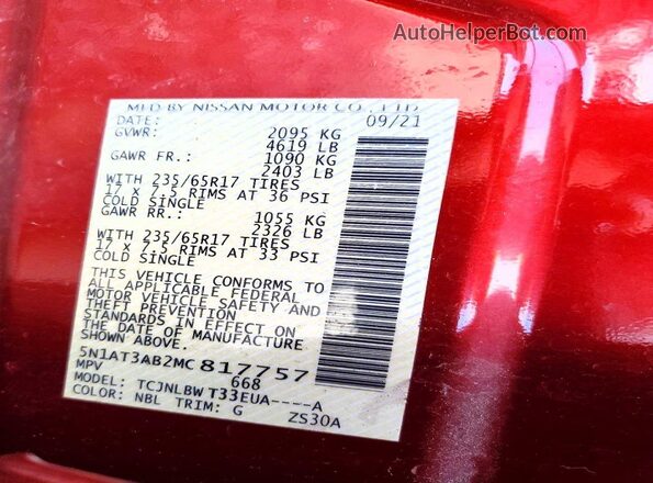 5N1AT3AB2MC817757 2021 NISSAN ROGUE Maroon VIN კოდის სტიკერის ხედი