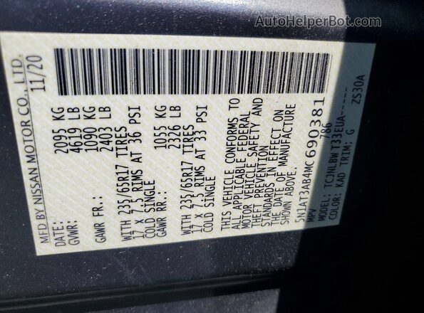 5N1AT3AB4MC690381 2021 NISSAN ROGUE Gray Vista de la etiqueta del VIN