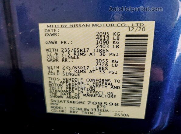 5N1AT3AB5MC709598 2021 NISSAN ROGUE Blue Вид наклейки з VIN-кодом