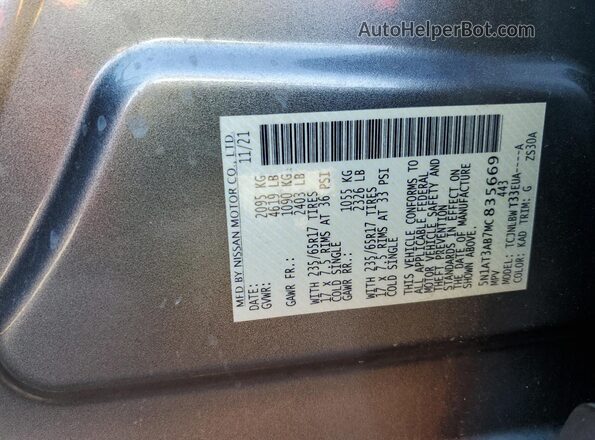 5N1AT3AB7MC835669 2021 NISSAN ROGUE Gray VIN sticker view
