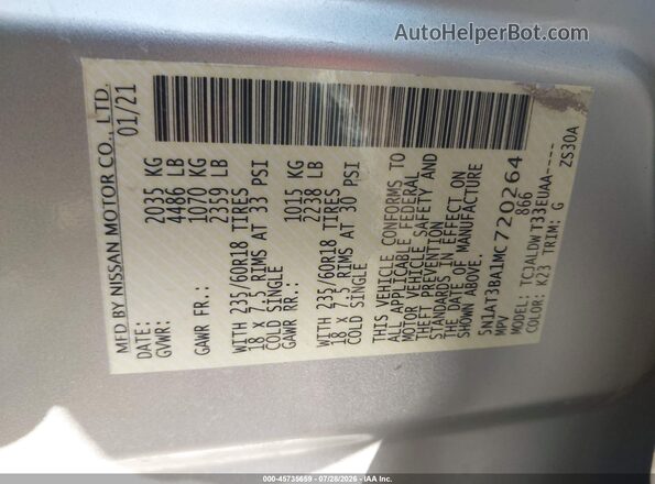 5N1AT3BA1MC720264 2021 NISSAN ROGUE Silver Շարժիչի բաժամունքի տեսք