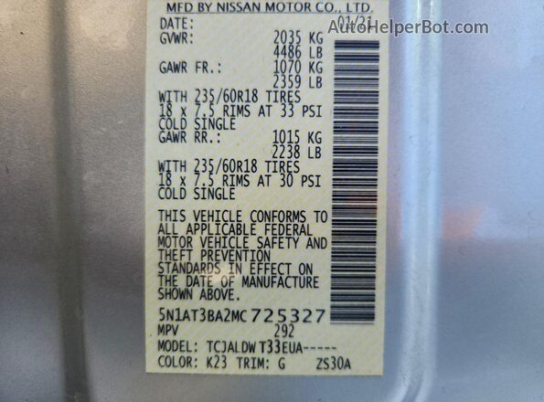 5N1AT3BA2MC725327 2021 NISSAN ROGUE Серебряный Вид наклейки с VIN-кодом