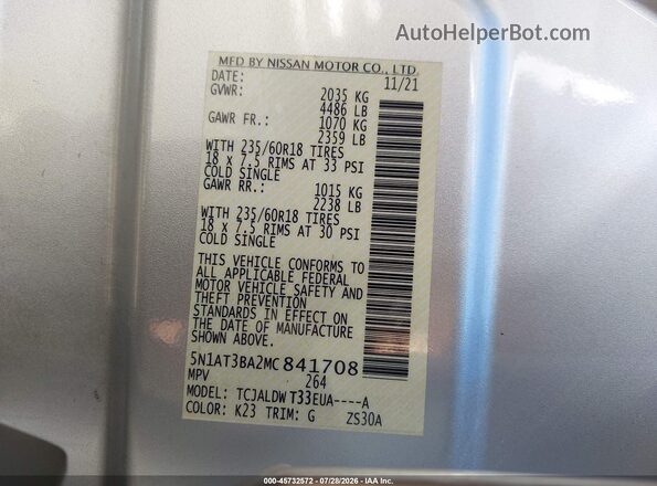 5N1AT3BA2MC841708 2021 NISSAN ROGUE Silver Вид підкапотного простору