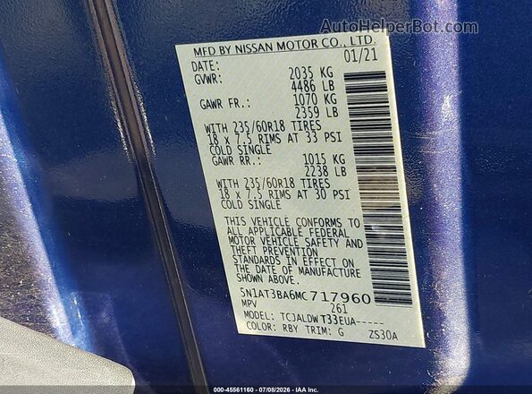 5N1AT3BA6MC717960 2021 NISSAN ROGUE Blue Vista del compartimento del motor