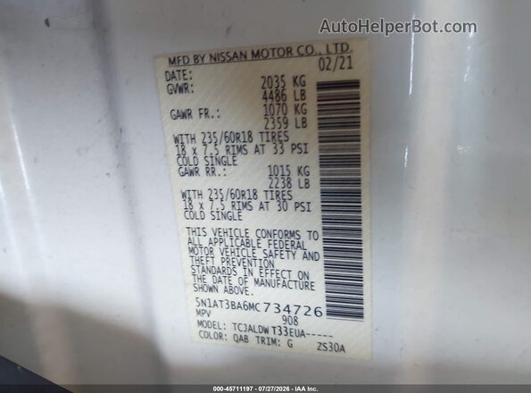 5N1AT3BA6MC734726 2021 NISSAN ROGUE White Vista del compartimento del motor