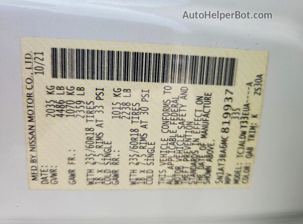 5N1AT3BA6MC819937 2021 NISSAN ROGUE White VIN sticker view