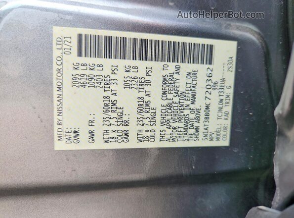 5N1AT3BB0MC720362 2021 NISSAN ROGUE Gray VIN կոդի պիտակի տեսք