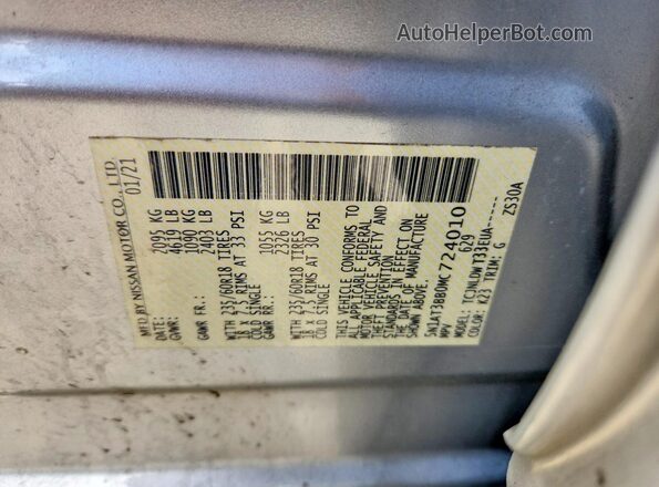 5N1AT3BB0MC724010 2021 NISSAN ROGUE Silver VIN կոդի պիտակի տեսք