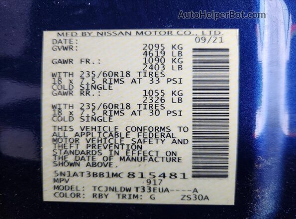 5N1AT3BB1MC815481 2021 NISSAN ROGUE Blue Vista de la etiqueta del VIN