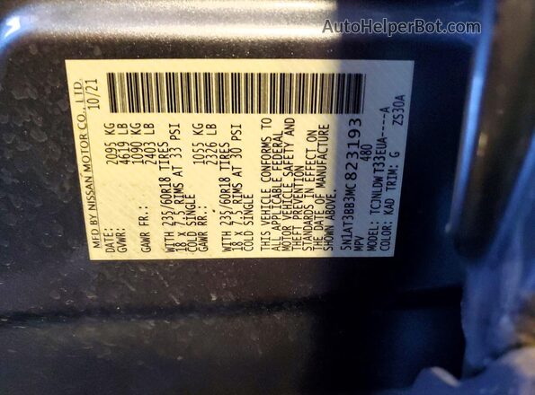 5N1AT3BB3MC823193 2021 NISSAN ROGUE Gray VIN կոդի պիտակի տեսք