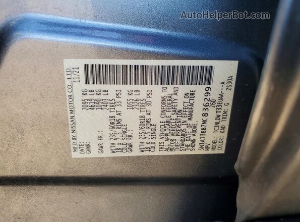 5N1AT3BB7MC836299 2021 NISSAN ROGUE Gray VIN კოდის სტიკერის ხედი