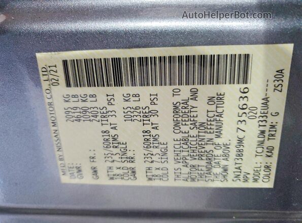 5N1AT3BB9MC735636 2021 NISSAN ROGUE Charcoal Vista interior de 360 grados