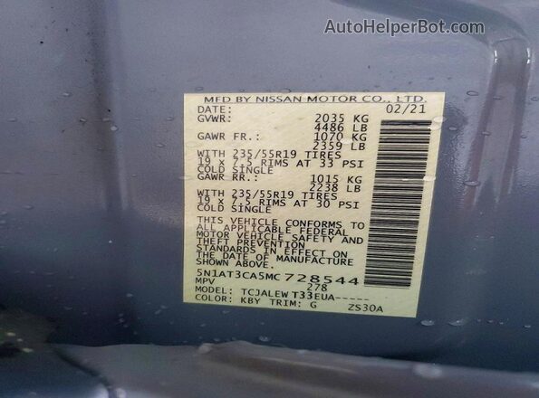 5N1AT3CA5MC728544 2021 NISSAN ROGUE Gray VIN კოდის სტიკერის ხედი