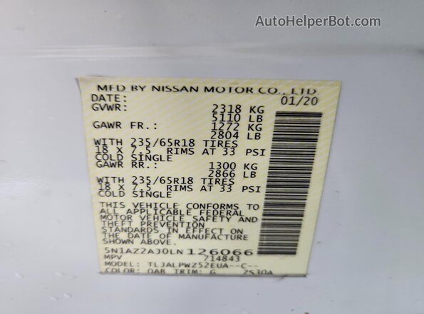 5N1AZ2AJ0LN126066 2020 NISSAN MURANO White 360 interior view