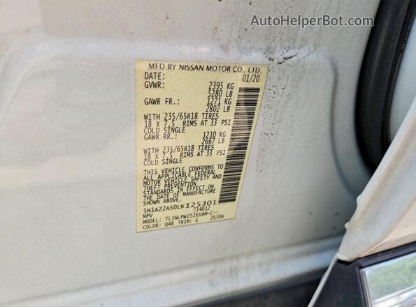 5N1AZ2AS0LN125301 2020 NISSAN MURANO White Սալոնի 360 աստիճան տեսք
