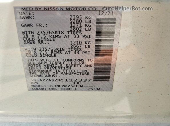 5N1AZ2AS2NC112337 2022 NISSAN MURANO White VIN sticker view