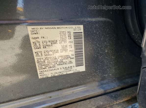 5N1AZ2AS4LN156485 2020 NISSAN MURANO Gray Вид наклейки з VIN-кодом