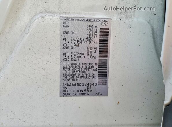 5N1AZ2AS4NC124540 2022 NISSAN MURANO White Vista interior de 360 grados