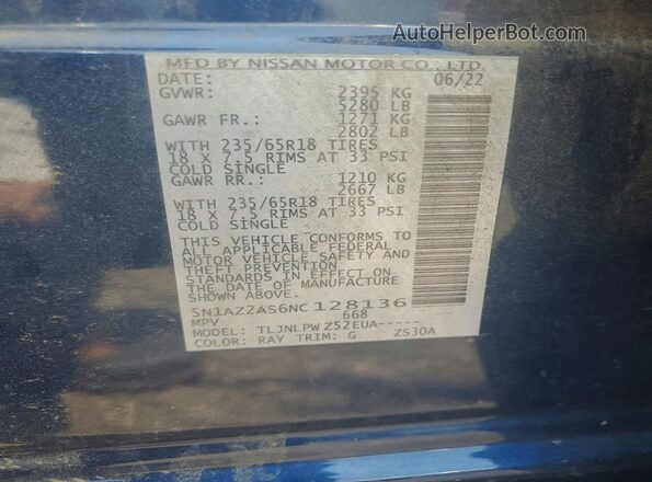 5N1AZ2AS6NC128136 2022 NISSAN MURANO Blue 360 interior view