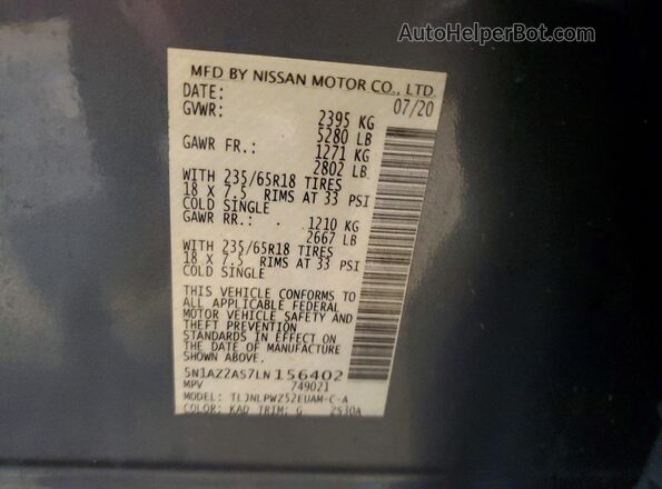 5N1AZ2AS7LN156402 2020 NISSAN MURANO Gray Vista interior de 360 grados