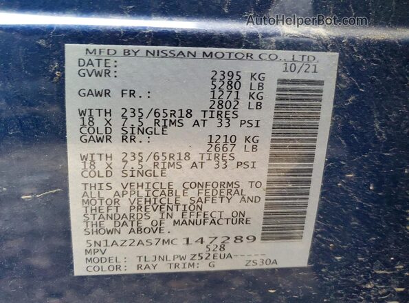 5N1AZ2AS7MC147289 2021 NISSAN MURANO Blue Vista del compartimento del motor
