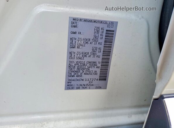 5N1AZ2AS7NC117274 2022 NISSAN MURANO White Вид наклейки з VIN-кодом