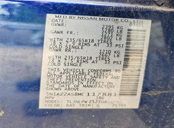 5N1AZ2AS8MC117881 2021 NISSAN MURANO Blue Widok naklejki z numerem VIN