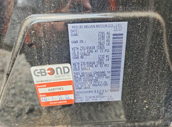 5N1AZ2AS9PC112337 2023 NISSAN MURANO Black Widok naklejki z numerem VIN