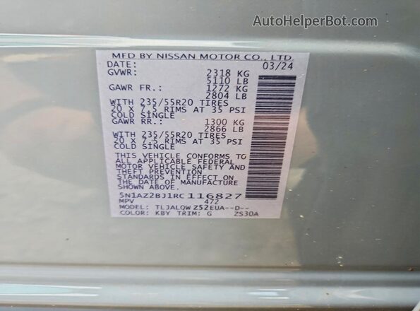5N1AZ2BJ1RC116827 2024 NISSAN MURANO Серый Вид наклейки с VIN-кодом