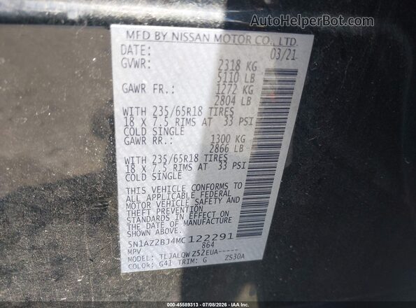 5N1AZ2BJ4MC122291 2021 NISSAN MURANO Black Engine compartment view