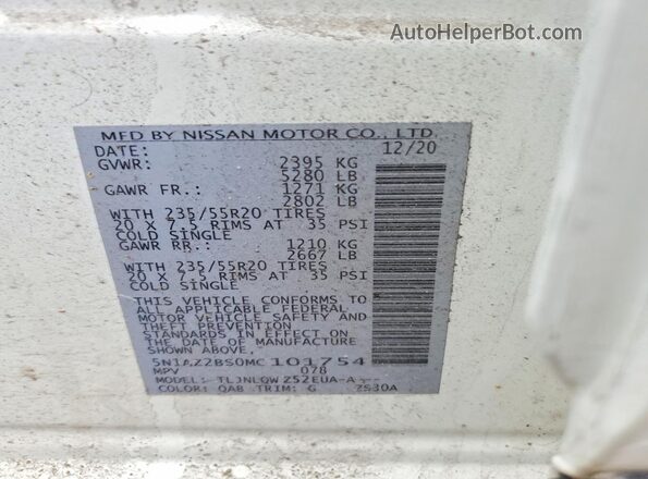 5N1AZ2BS0MC101754 2021 NISSAN MURANO White Vista interior de 360 grados
